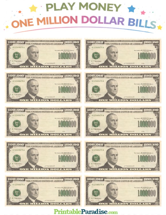 Printable Sheet of Play Money 1 Million Dollar Bills