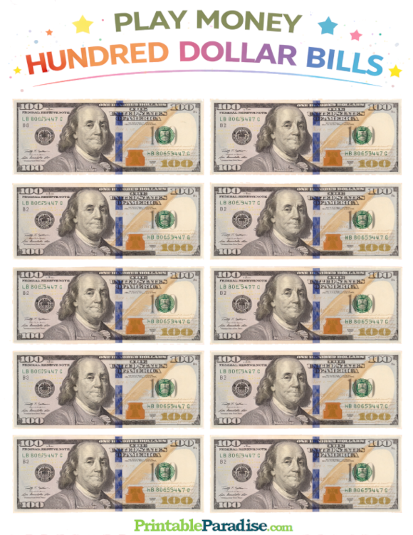 Printable Sheet of Play Money $100 Bills