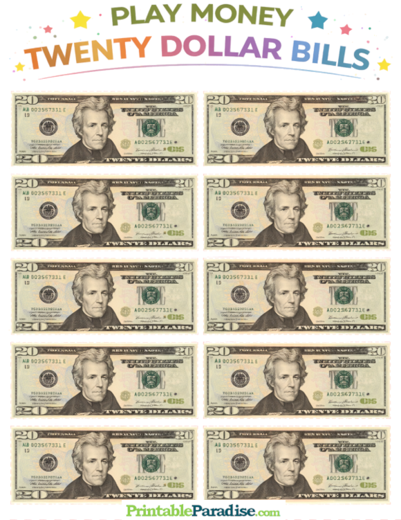 Printable Sheet of Play Money $20 Bills