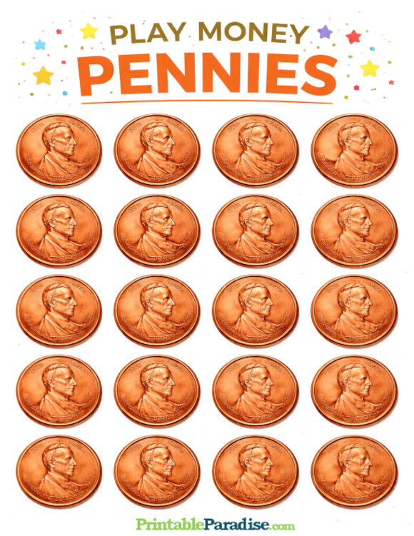 Printable Sheet of Play Money Pennies