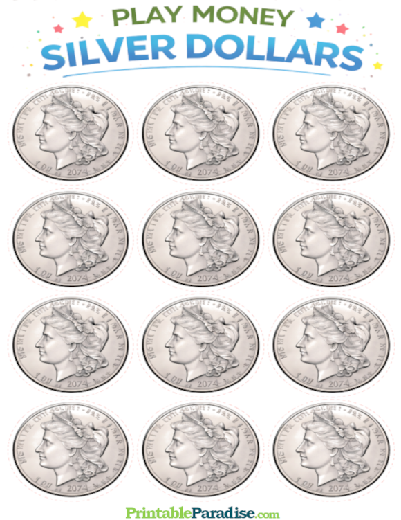 Printable Sheet of Play Money Silver Dollars