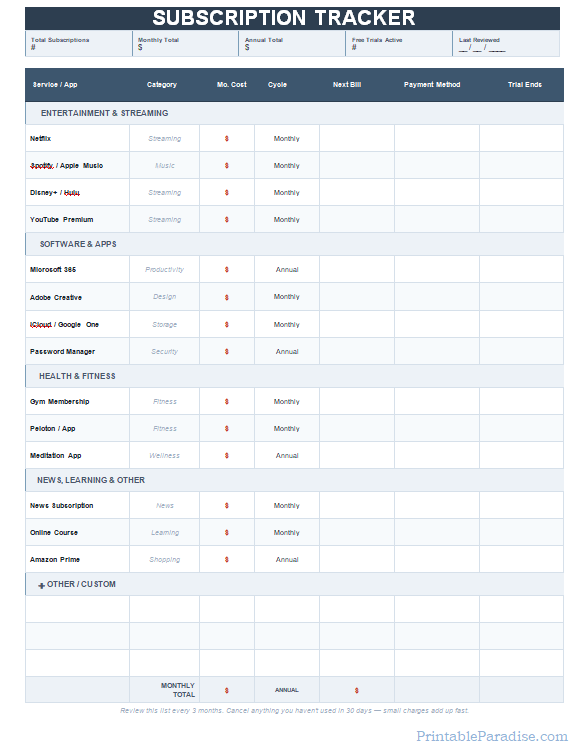 Printable Subscription Tracker Sheet