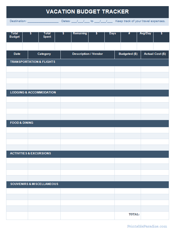 Printable Vacation Budget Tracker Sheet