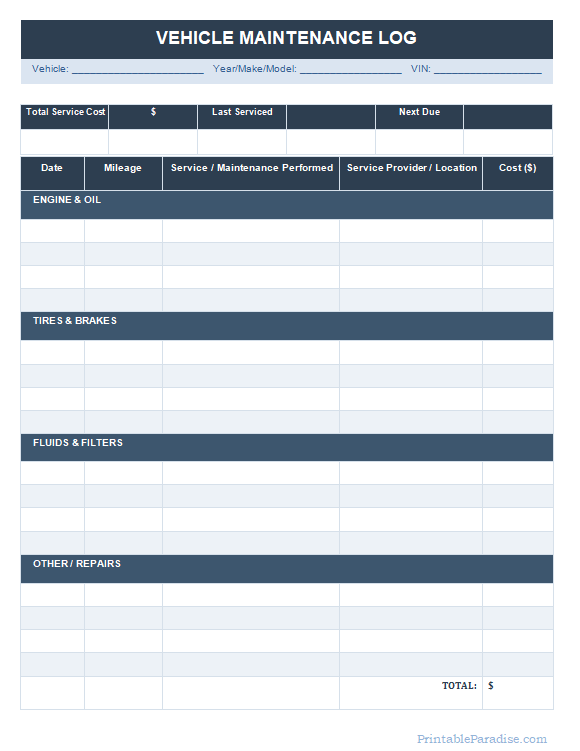 Printable Vehicle Maintenance Log Sheet