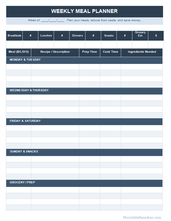 Printable Weekly Meal Planner Sheet
