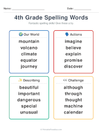 4th Grade Spelling Word List Printable